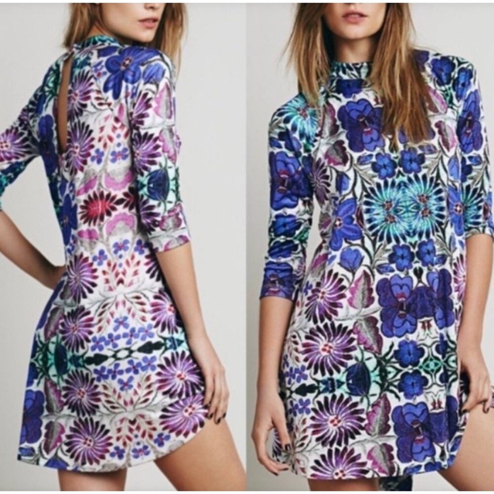 Free People Fiesta Floral Boho Swing Dress Hi Low Hem Blue & Purple Size M
